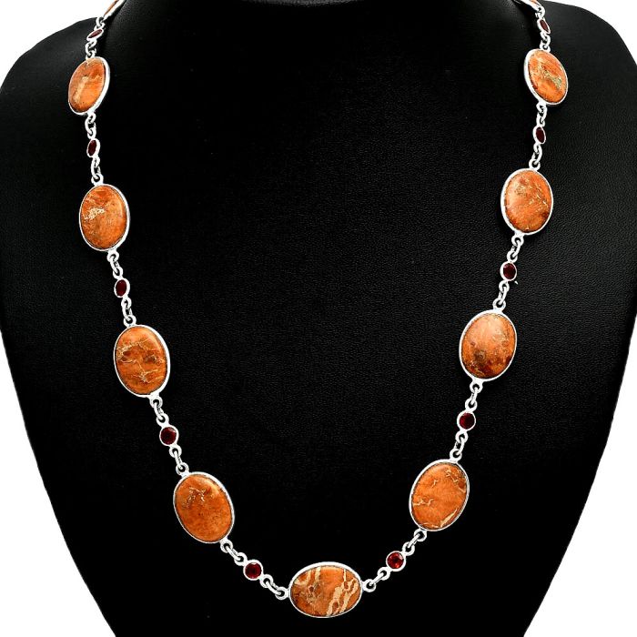 Red Sponge Coral and Garnet Necklace EXN01159 N-1024, 12x16 mm