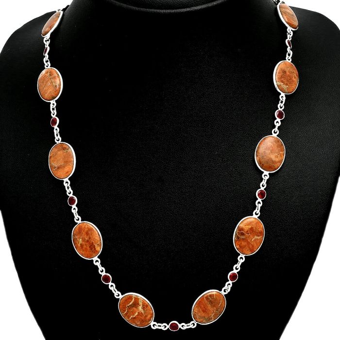 Red Sponge Coral and Garnet Necklace EXN01160 N-1024, 12x16 mm