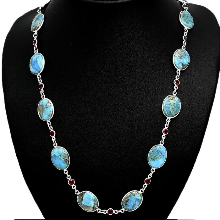 Kingman Turquoise With Pyrite and Garnet Necklace EXN01161 N-1024, 12x26 mm