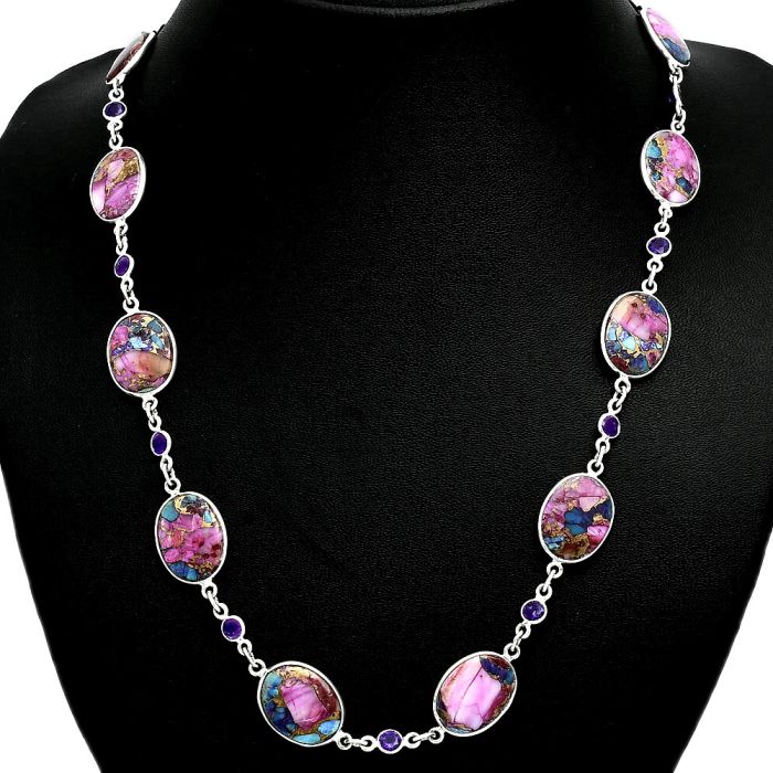 Kingman Pink Dahlia Turquoise and Amethyst Necklace EXN01162 N-1024, 12x16 mm