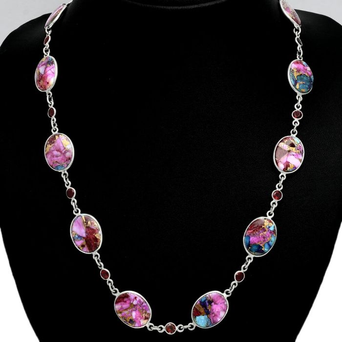 Kingman Pink Dahlia Turquoise and Garnet Necklace EXN01163 N-1024, 12x16 mm