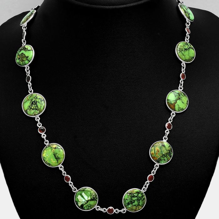 Green Matrix Turquoise and Garnet Necklace EXN01164 N-1024, 15x15 mm