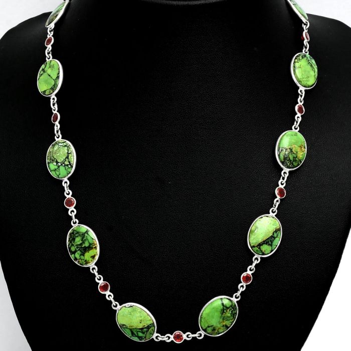 Green Matrix Turquoise and Garnet Necklace EXN01165 N-1024, 12x16 mm