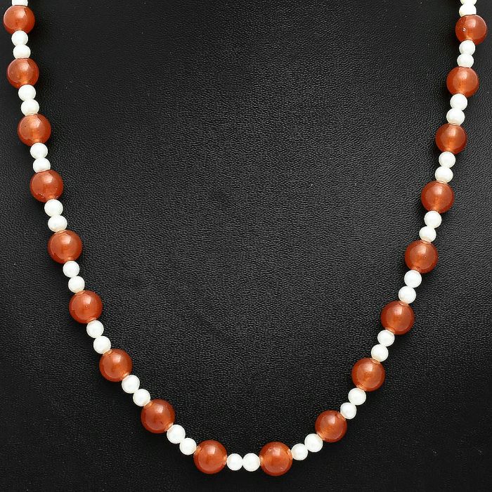 Carnelian and Pearl Beaded Necklace EXN01166 N-1025, 8x8 mm