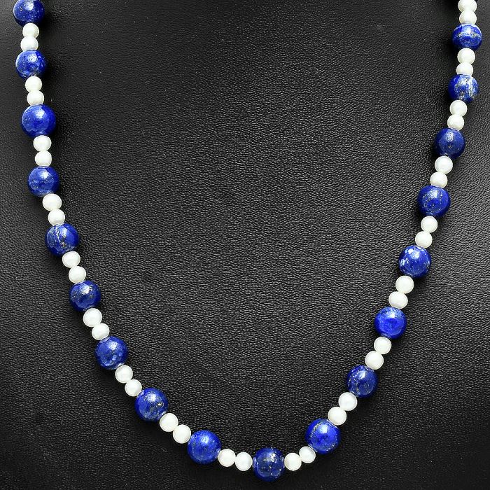 Lapis Lazuli and Pearl Beaded Necklace EXN01169 N-1025, 8x8 mm