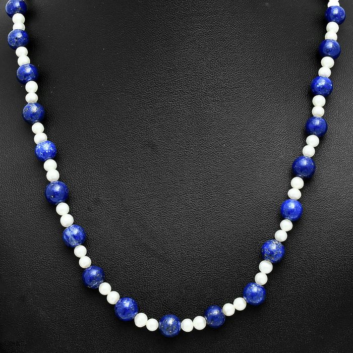 Lapis Lazuli and Pearl Beaded Necklace EXN01170 N-1025, 8x8 mm