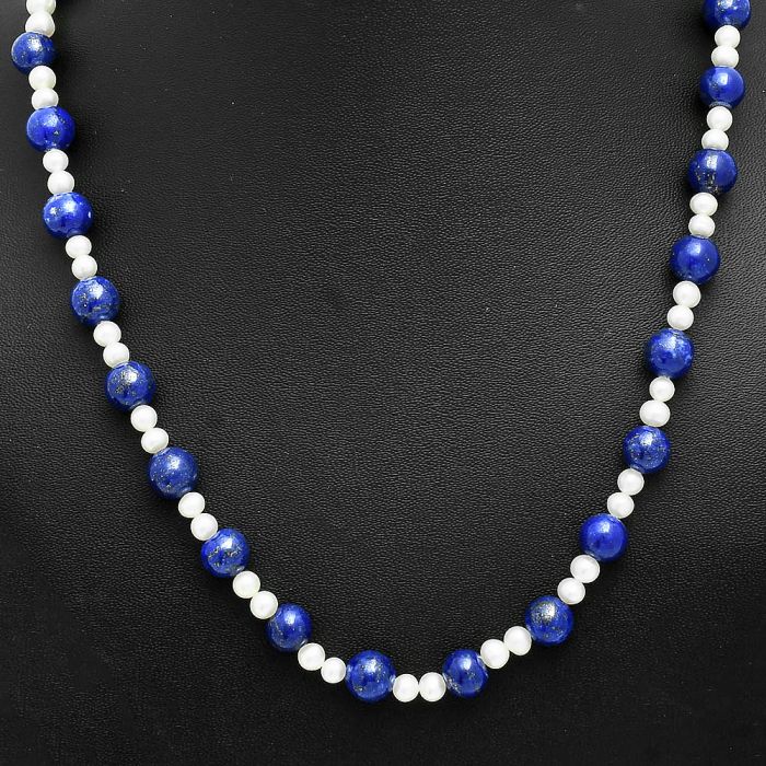 Lapis Lazuli and Pearl Beaded Necklace EXN01171 N-1025, 8x8 mm