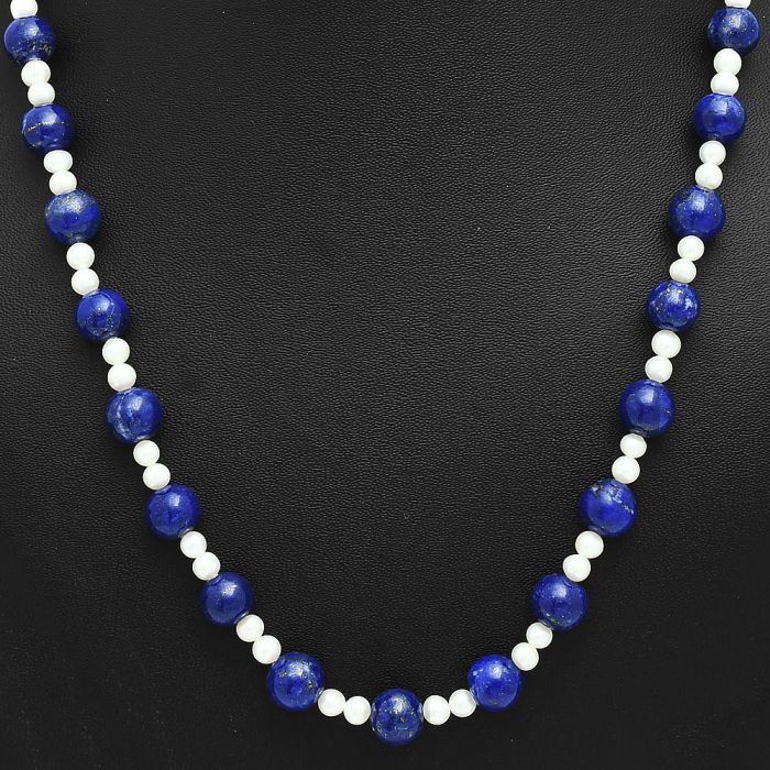 Lapis Lazuli and Pearl Beaded Necklace EXN01172 N-1025, 9x9 mm