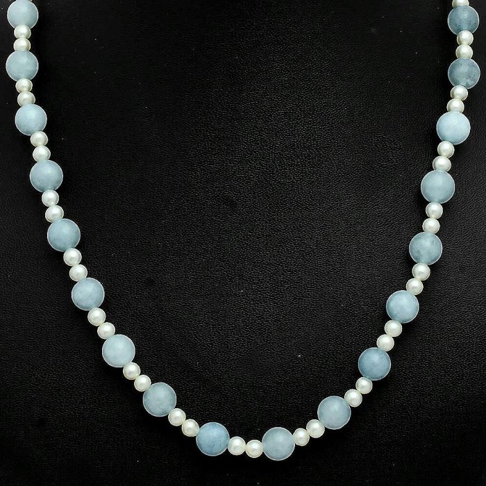 Aquamarine and Pearl Beaded Necklace EXN01173 N-1025, 8x8 mm