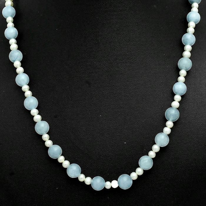 Aquamarine and Pearl Beaded Necklace EXN01174 N-1025, 8x8 mm