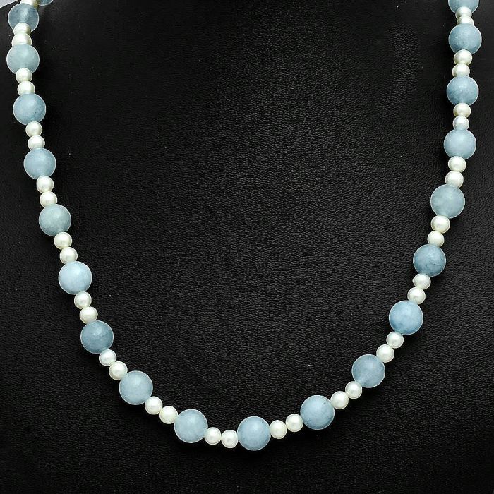 Aquamarine and Pearl Beaded Necklace EXN01175 N-1025, 8x8 mm