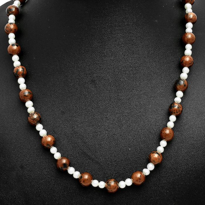 Australian Pilbara Jasper and Pearl Beaded Necklace EXN01177 N-1025, 8x8 mm