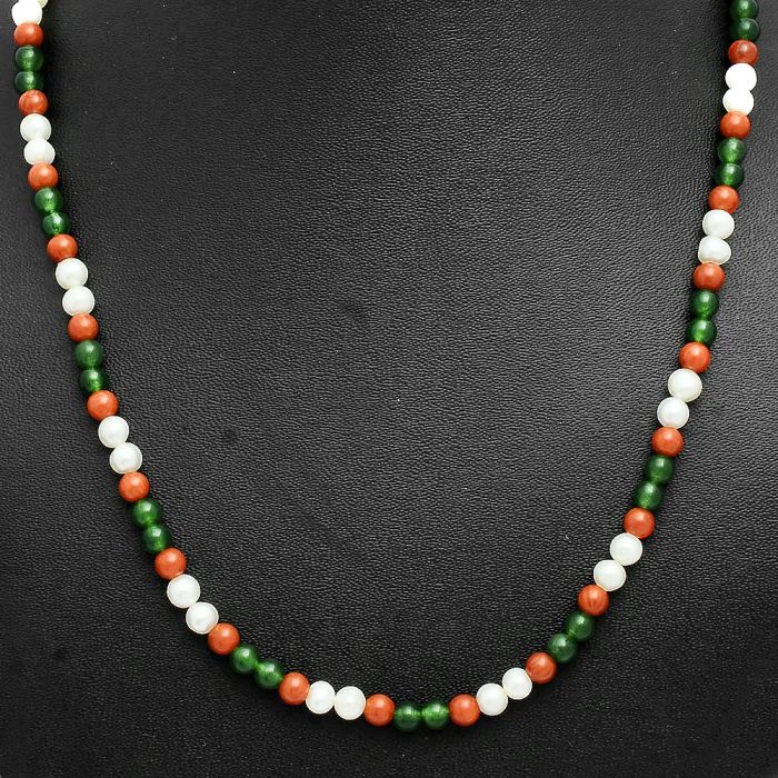 Pearl, Nephrite Jade & Coral Beaded Necklace EXN01181 N-1025, 5x5 mm