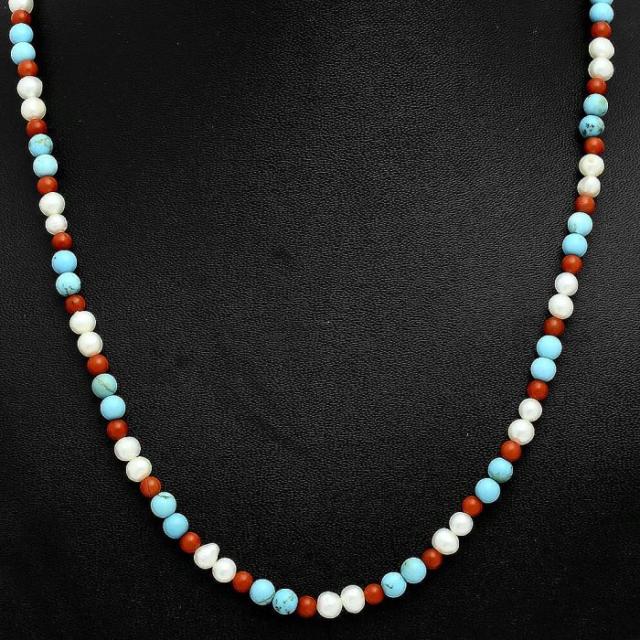 Pearl, Turquoise & Coral Beaded Necklace EXN01182 N-1025, 5x5 mm