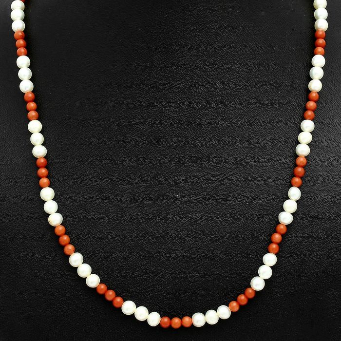 Pearl and Coral Beaded Necklace EXN01183 N-1025, 5x5 mm