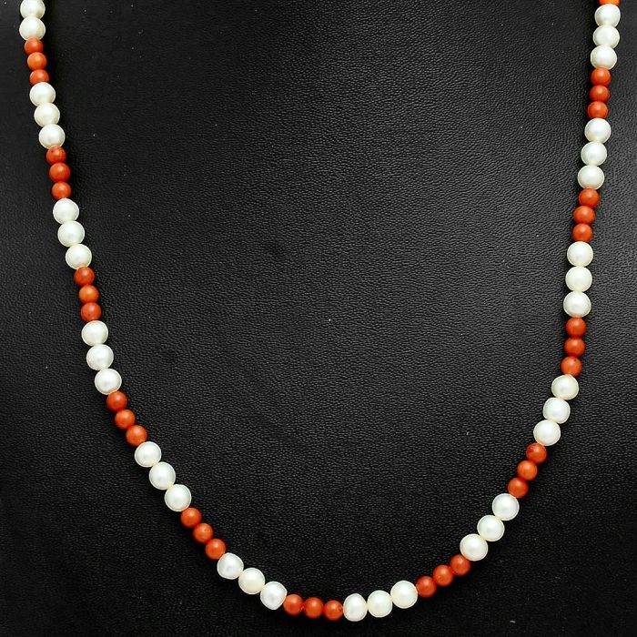 Pearl and Coral Beaded Necklace EXN01184 N-1025, 5x5 mm