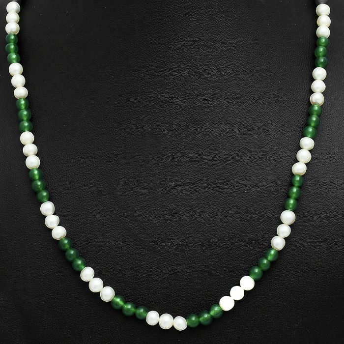 Pearl and Nephrite Jade Beaded Necklace EXN01185 N-1025, 5x5 mm