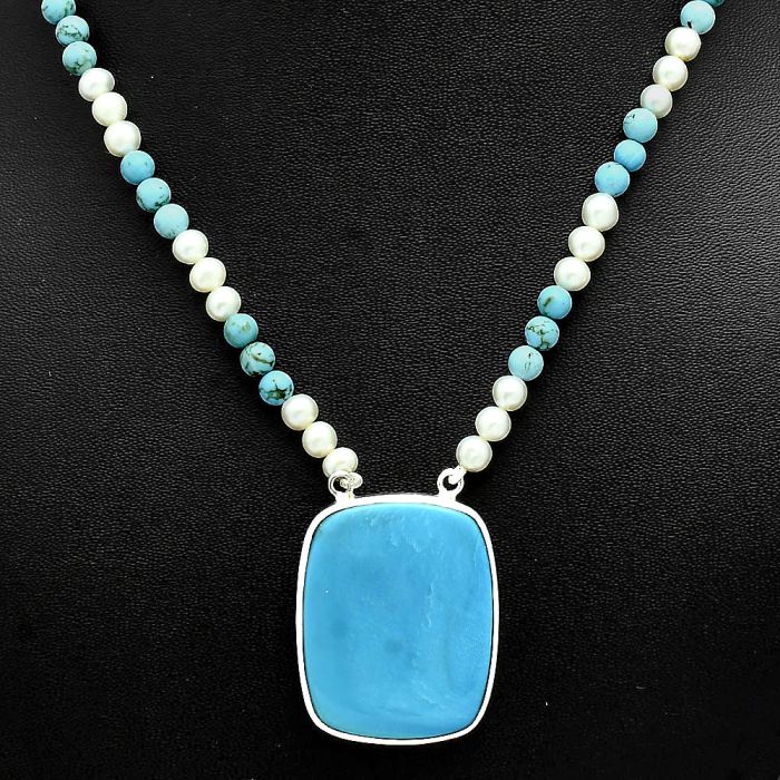 Natural Rare Turquoise Nevada Aztec Mt, Pearl & Turquoise Beaded Necklace EXN01186 N-1027, 25x31 mm