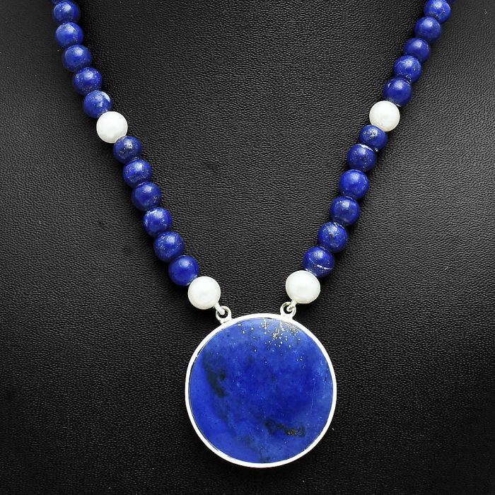 Lapis Lazuli and Pearl Beaded Necklace EXN01187 N-1027, 31x31 mm