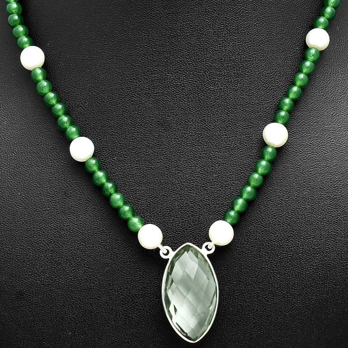 Prasiolite (Green Amethyst) Checker Briolette and Pearl Beaded Necklace EXN01190 N-1027, 15x27 mm