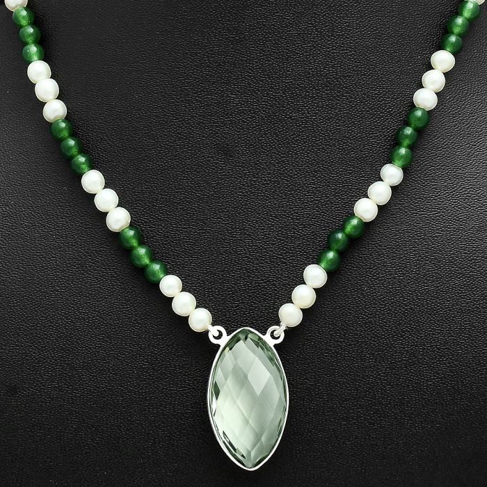 Prasiolite (Green Amethyst) Checker Briolette, Nephrite Jade & Pearl Beaded Necklace EXN01192 N-1027, 15x27 mm