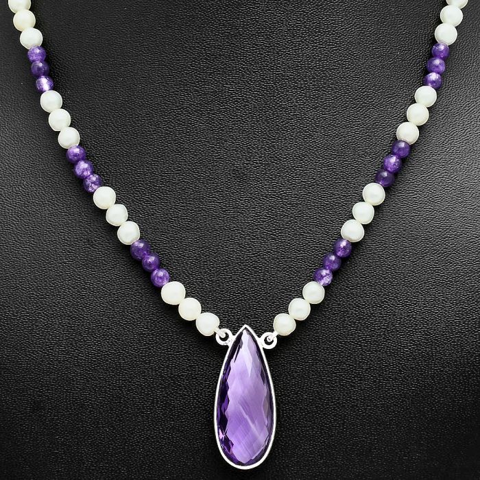 Amethyst Checker Briolette and Pearl Beaded Necklace EXN01193 N-1027, 12x29 mm