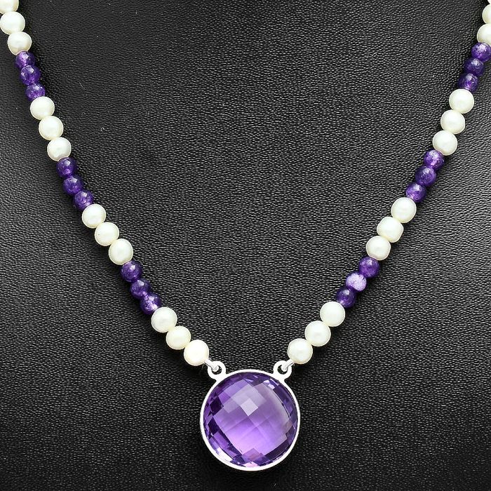 Amethyst Checker Briolette and Pearl Beaded Necklace EXN01194 N-1027, 19x19 mm