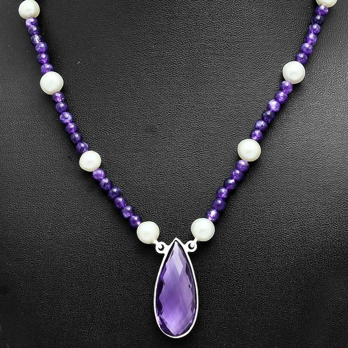 Amethyst Checker Briolette and Pearl Beaded Necklace EXN01195 N-1027, 13x29 mm