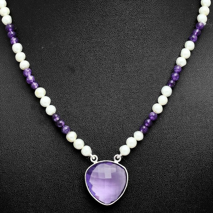 Amethyst Checker Briolette and Pearl Beaded Necklace EXN01196 N-1027, 19x19 mm