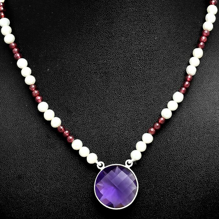 Amethyst Checker, Garnet & Pearl Beaded Necklace EXN01197 N-1027, 19x19 mm