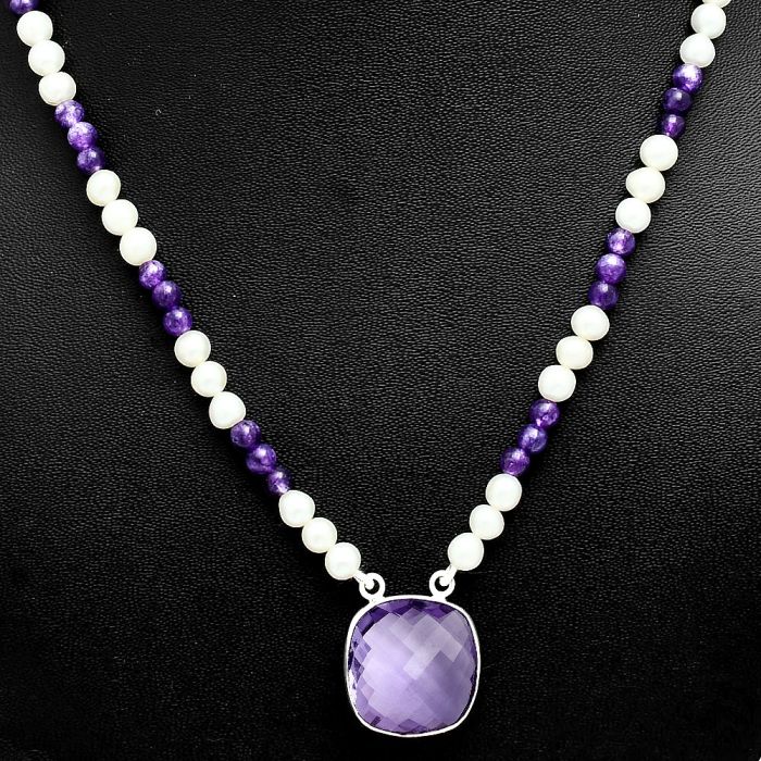 Amethyst Checker Briolette and Pearl Beaded Necklace EXN01198 N-1027, 18x18 mm