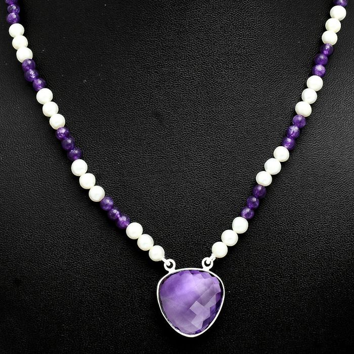 Amethyst Checker Briolette and Pearl Beaded Necklace EXN01199 N-1027, 20x20 mm