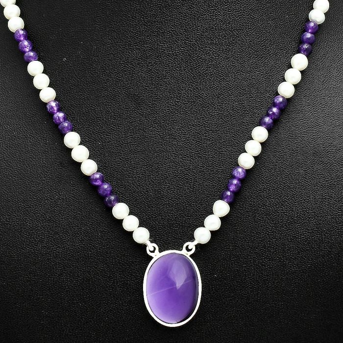 Amethyst Cab and Pearl Beaded Necklace EXN01200 N-1027, 15x20 mm