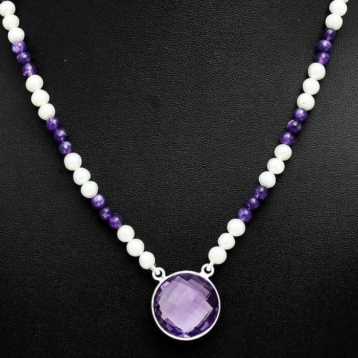 Amethyst Checker Briolette and Pearl Beaded Necklace EXN01201 N-1027, 18x18 mm