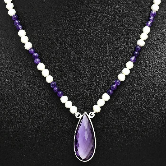 Amethyst Checker Briolette and Pearl Beaded Necklace EXN01202 N-1027, 13x28 mm