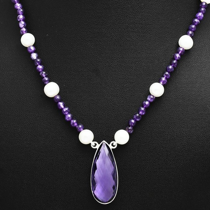 Amethyst Checker Briolette and Pearl Beaded Necklace EXN01203 N-1027, 13x29 mm