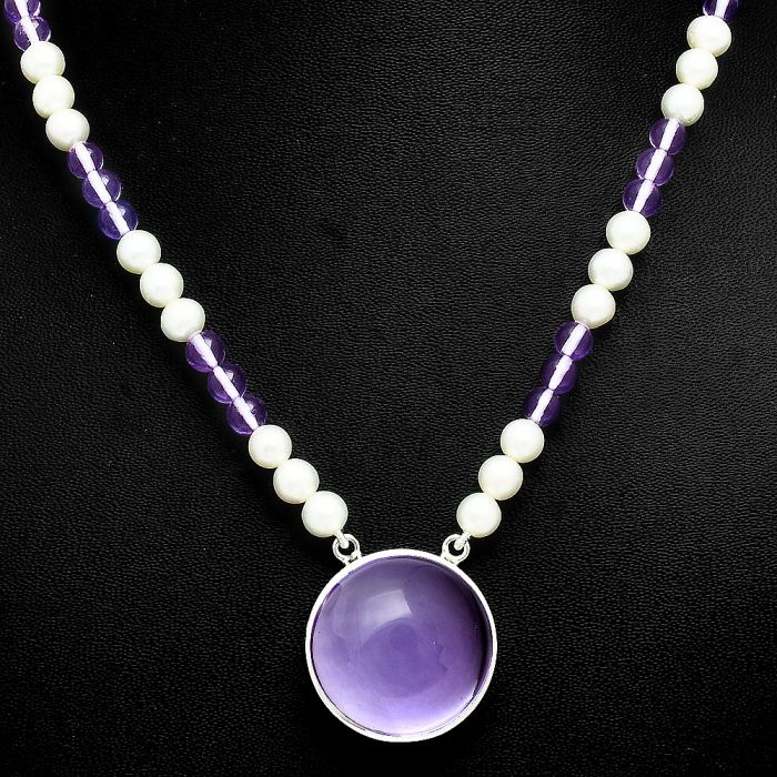 Amethyst Cab and Pearl Beaded Necklace EXN01204 N-1027, 22x22 mm