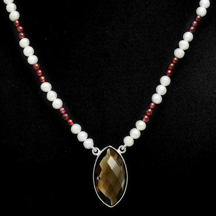 Smoky Quartz Checker Briolette, Garnet & Pearl Beaded Necklace EXN01205 N-1027, 15x27 mm