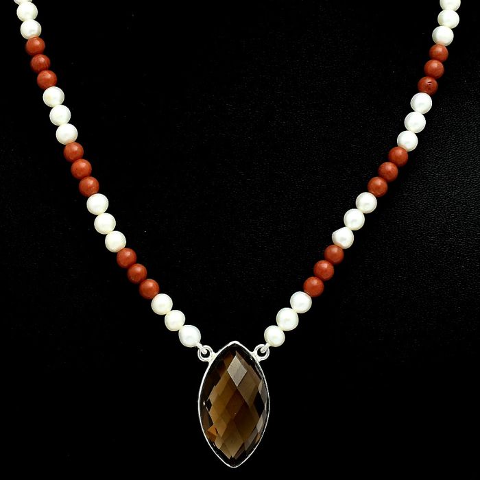 Smoky Quartz Checker Briolette, Coral & Pearl Beaded Necklace EXN01206 N-1027, 15x27 mm