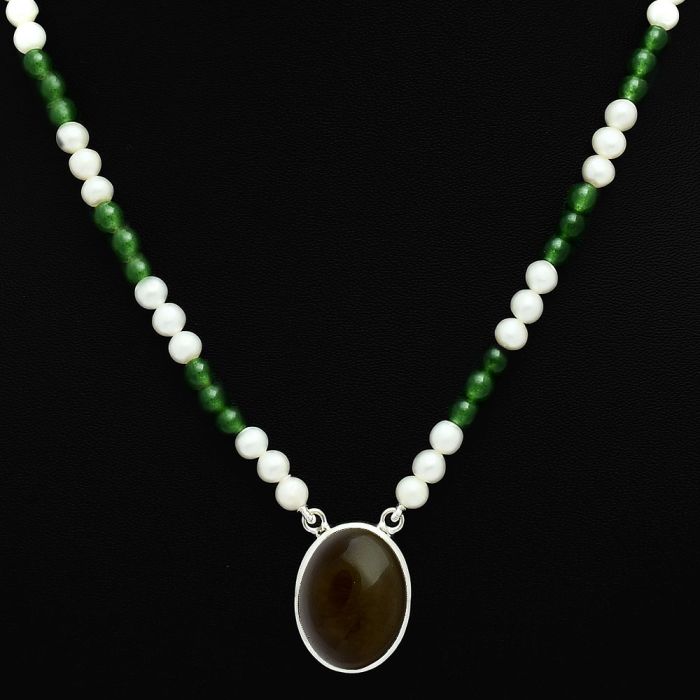 Smoky Quartz Cab, Nephrite Jade & Pearl Beaded Necklace EXN01207 N-1027, 15x20 mm