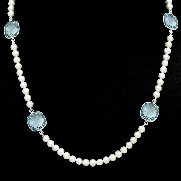 Sky Blue Topaz Checker Briolette and Pearl Beaded Necklace EXN01208 N-1028, 12x12 mm