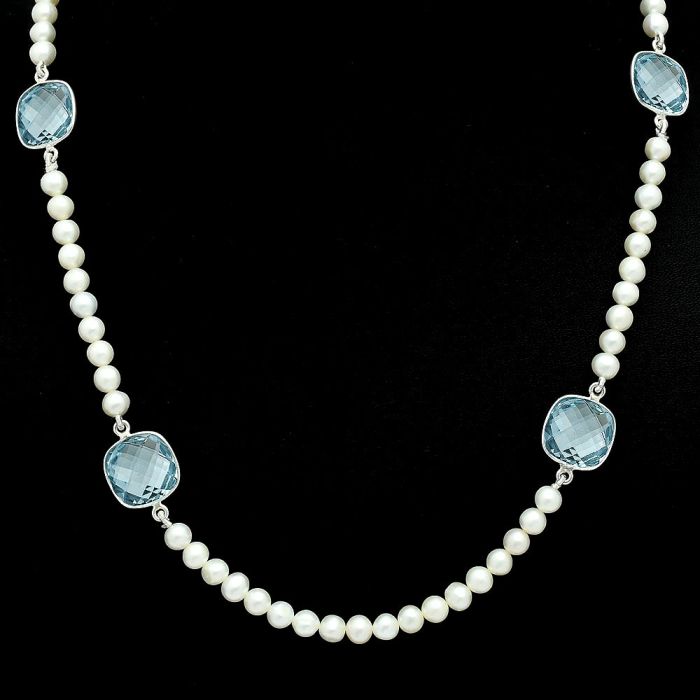 Sky Blue Topaz Checker Briolette and Pearl Beaded Necklace EXN01209 N-1028, 12x12 mm