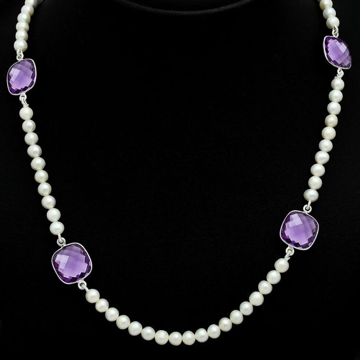 Amethyst Checker Briolette and Pearl Beaded Necklace EXN01210 N-1028, 12x12 mm