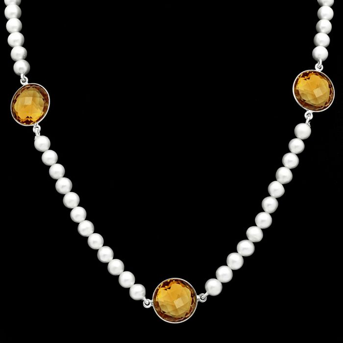 Citrine Checker Briolette and Pearl Beaded Necklace EXN01211 N-1028, 15x15 mm