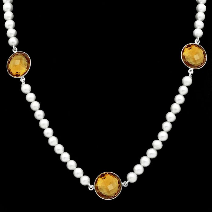 Citrine Checker Briolette and Pearl Beaded Necklace EXN01212 N-1028, 15x15 mm