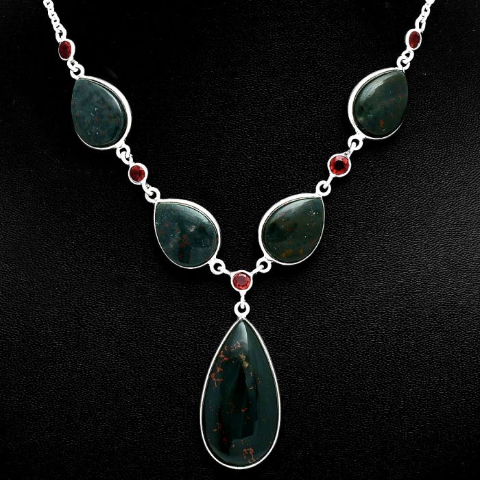 Blood Stone and Garnet Necklace EXN01216 N-1022, 16x30 mm