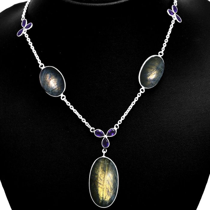 Orange Labradorite and Amethyst Necklace EXN01217 N-1021, 17x30 mm