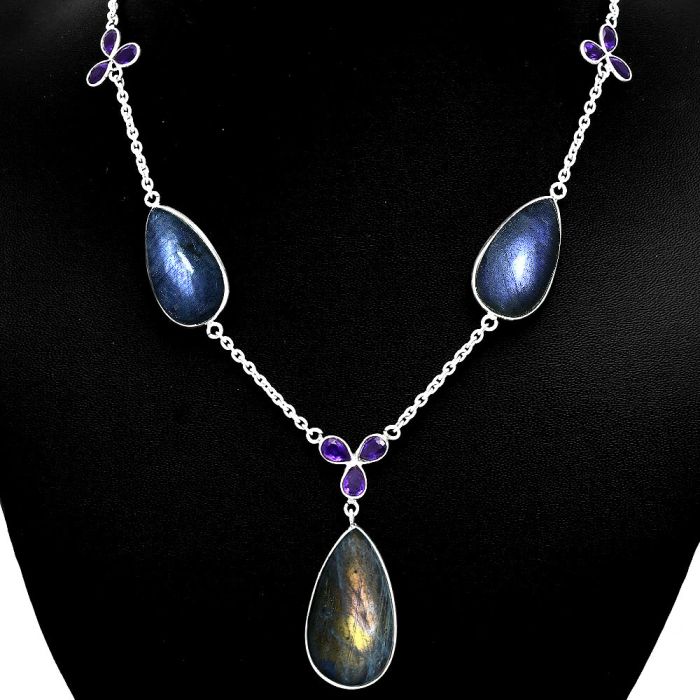 Orange Labradorite and Amethyst Necklace EXN01218 N-1021, 16x29 mm