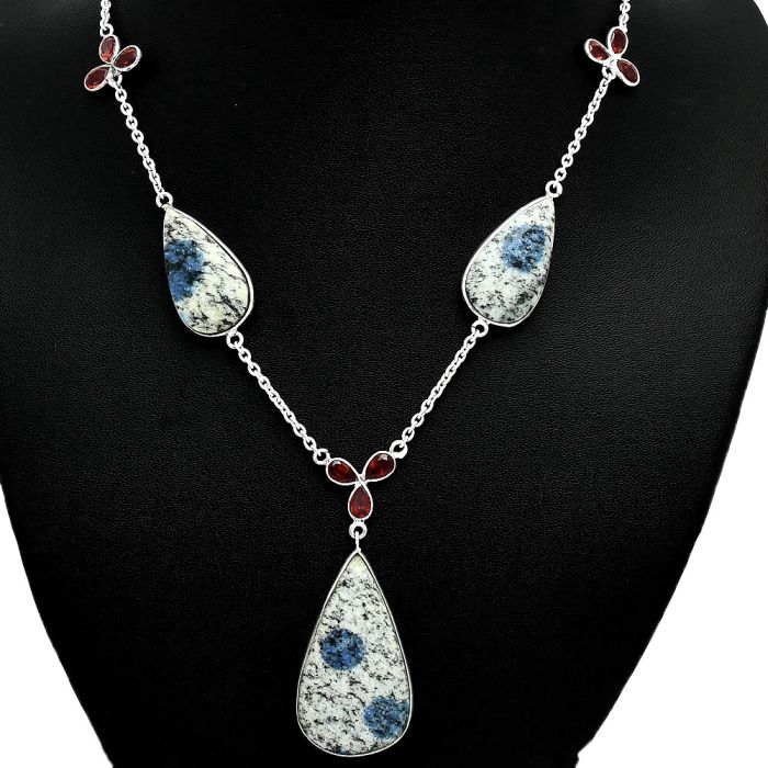 K2 Blue - Azurite In Quartz and Garnet Necklace EXN01219 N-1021, 14x26 mm