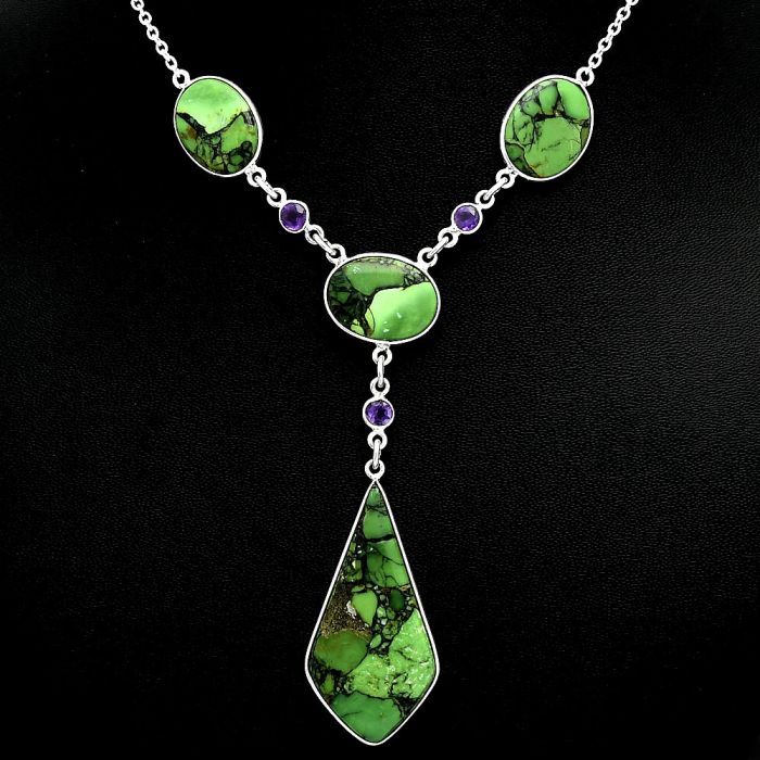 Green Matrix Turquoise and Amethyst Necklace EXN01220 N-1023, 19x37 mm